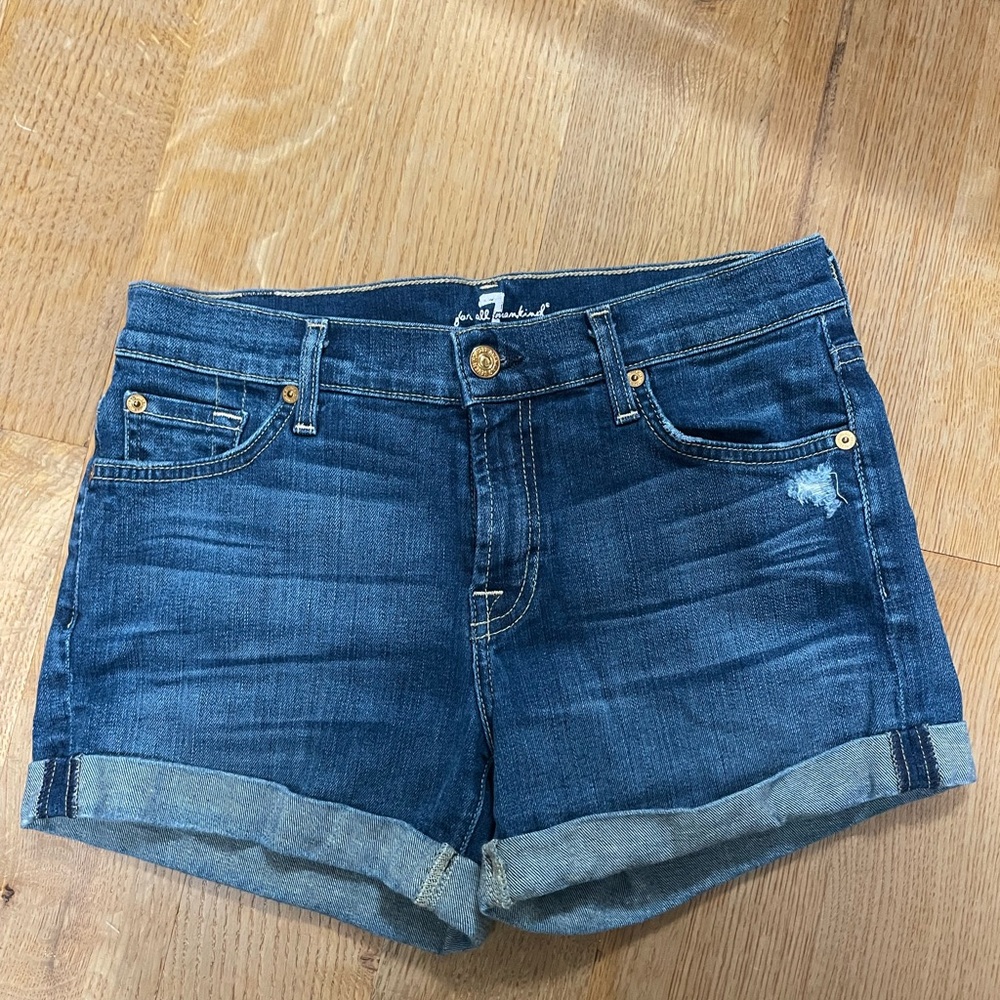 7 For All Mankind Blue Jean Shorts with Cuffed Hem and Distressed Detail